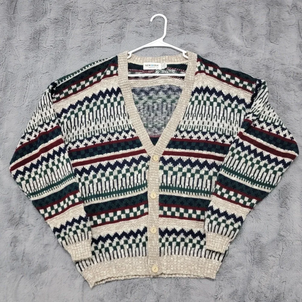 Vintage New Era Cardigan Sweater Mens XL (Fits L) Fair Isle Acrylic Knit Grandpa